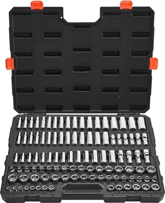 Produktbild von Steckschlüsselsatz, 104-teilig, 9,5 mm Antrieb, metrische Größen von 6 bis 24 mm, lang und normal, Mechaniker-Werkzeugsatz mit Aufbewahrungskoffer, verchromter CR-V-Legierungsstahl, für Kfz-Reparaturen