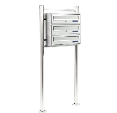 Wiltec 3er Briefkastenanlage Edelstahl 512 x 270 x 1150 mm, Standbriefkasten mit 3 Fächern, Schlüssel und Namensschild, Briefkasten Postkasten mit Ständer