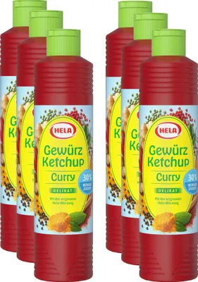 Produktbild von 6 x Hela Ketchup Curry delikat 30% weniger Zucker Gewürzketchup 800 ml Flasche