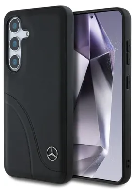 A black phone case with a Mercedes logo is shown next to a smartphone.