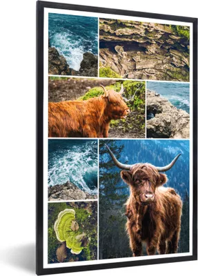 Produktbild von MuchoWow® Gerahmtes Poster Schottischer Highlander - Collage - Tiere 60x90 cm - Poster mit Schwarzem Bilderrahmen Wandposter Rahmen Foto Bilder - Kunst