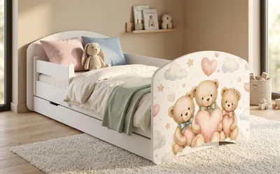 Image de Lit d'enfant complet 140 x 70 cm, blanc | Avec barrière de sécurité, tiroir et matelas | Motif animalier aquarellé