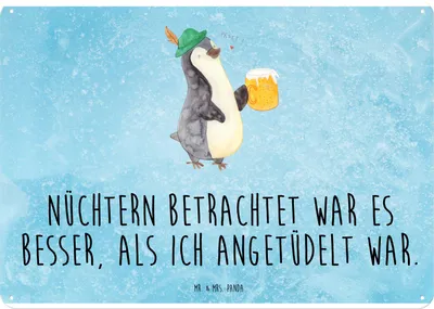 Produktbild von Mr. & Mrs. Panda Schild Pinguin Bier DIN A4 - Eisblau - Geschenk, Beschwippst, Wandbild, Blechschild, , Angetüdelt, Retro, Blechtafel, tafel