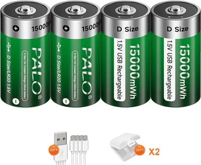 Immagine prodotto di Batteria ricaricabile formato D, ricarica USB tipo-C, ioni di litio, 4 batterie verdi