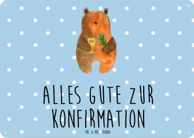 Produktbild von Mr. & Mrs. Panda Wandbild Bär Konfirmation DIN A6 - Blau Pastell - Geschenk, Evangelisch, tafel, Blechschild, Teddy, Kirche, Schild, Blechtafel, Deko Metallschild