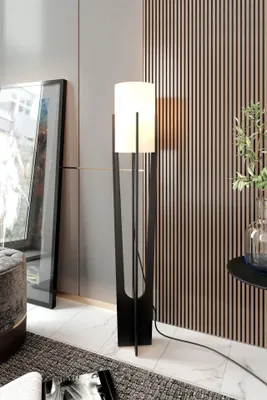 Produktbild von Opviq, Hochwertige Stehlampe, Schwarz, 135 cm | Körper aus Craft-Papier & MDF, PVC-Kappe (Durchmesser: 17 cm, Höhe: 35 cm) | Modernes, industrielles Design, IP23, E27 max 40 W.