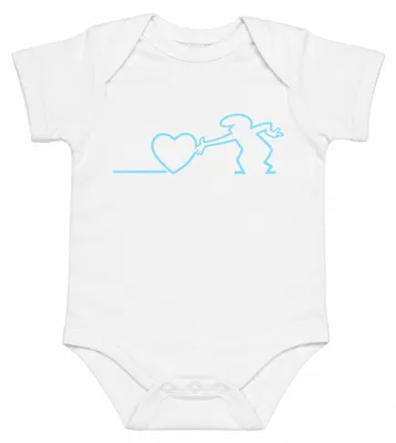 Immagine prodotto di Body per neonato, colore bianco, con la scritta "Linea Strichmännchen Herz Liebe Balum" e il personaggio Osvaldo Cavandoli, taglia 0/3 mesi