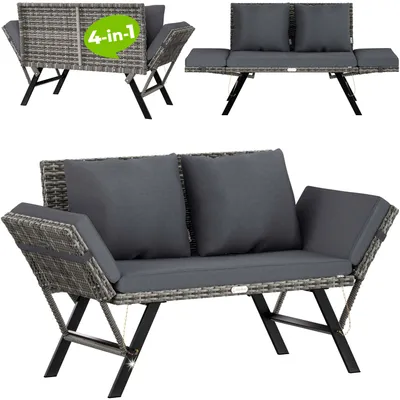 Image de CASARIA® Banc de Jardin Gris 2en1 Fonction Chaise Longue réglables polyrotin Extérieur Jardin Terrasse Balcon Canapé