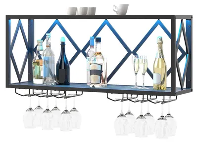 Produktbild von Wandmontiertes Weinregal - Weinflaschenhalter mit LED-Beleuchtung - 2 Ebenen - Holz und Metallrahmen - 6 Reihen für Weingläser - Braun