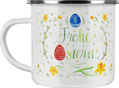 Produktbild von Mr. & Mrs. Panda Teetasse Ostern Frohe Ostern - Weiß - Geschenk, Teebecher, Emaille Tasse, Bemalte Ostereier, Ostergrüße, Pott, becher, Osterblume, Haferl, Osterei