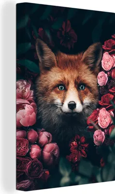 Produktbild von MuchoWow® - Leinwandbilder - Fuchs - Blumen - Tiere, Wandbild, Wanddeko Bilder Wohnzimmer, 80x120 cm