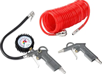 Produktbild von DEUBA® Druckluft Set 3tlg. 12 bar Für Gängige Kompressoren 5m Schlauch Schnellkupplung Manometer Ausblaspistole Reifenfüller Luftdruckprüfer Werkzeug
