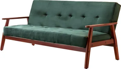 A green sofa with wooden armrests and legs, shown from a side-angle against a white background.