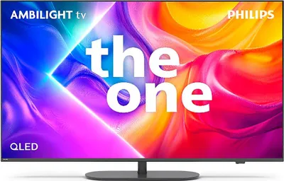 A Philips Ambilight TV with a colorful abstract background displayed on its screen.