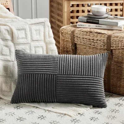 Produktbild von 1 Stück dunkelgrauer Kissenbezug 30x50 cm aus Cord, dekorativer Kissenbezug für Sofa, Boho-Stil