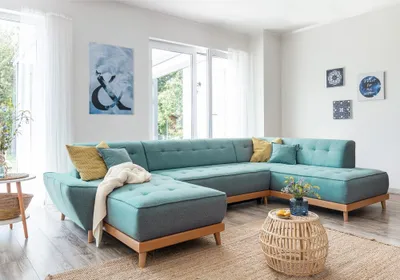 Image de MIUFORM Dazzling Daisy - Canapé d'angle avec fonction lit et coffre de lit U-FORM DROITE - 330x190cm - Turquoise - Canapé-lit Canapé