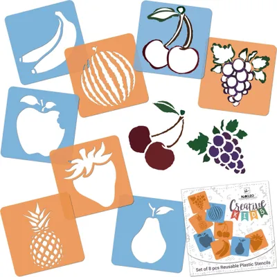 Obrázek produktu pro Šablony na malování pro děti, sada 8 kusů, 15 x 15 cm, ovoce, kreativní šablony pro děti, plastové, opakovaně použitelné šablony na malování