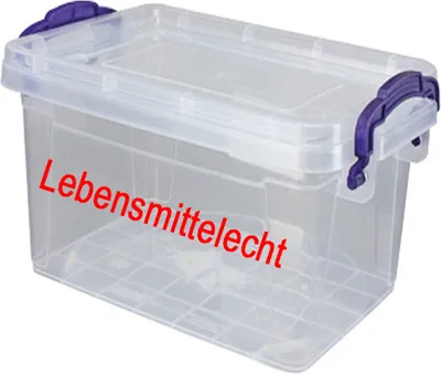 A clear plastic storage box with purple clasps and handles, with red text on the side.