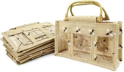 Produktbild von 4BEE Set von 5 Jutebeuteln – Jutesack – Für Honiggläser – Für Imkereigeschäfte – Mit Bambusgriffen – 3 Fenster – Wiederverwendbare Tasche