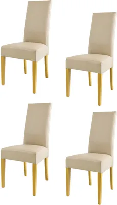 Four beige upholstered dining chairs with light brown wooden legs are arranged in a grid against a white background.