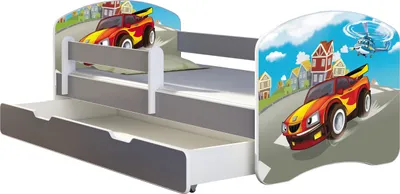 Produktbild von ACMA Jugendbett Kinderbett Junior-Bett Komplett-Set mit Matratze Lattenrost und Rausfallschutz Grau 03 Racing Car 180x80 + Bettkasten