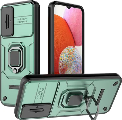 Produktbild von Hülle für Samsung Galaxy A14 5G/4G Dual Layer Handyhülle Schiebe Kamera Schutz und Ringhalter Ständer Grün