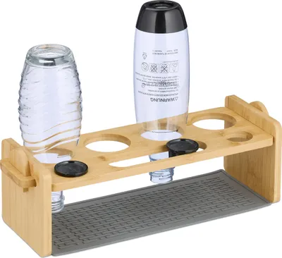Image de Porte-bouteilles Relaxdays compatible avec les bouteilles Sodastream, en bambou, avec tapis d'égouttage en silicone, support pour 4 bouteilles, naturel/gris