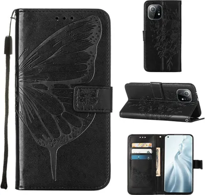 Immagine prodotto di Xiaomi Mi 11 Case, Butterfly Relief Flip Custodia in pelle con slot per schede e stand per Xiaomi Mi 11 nero