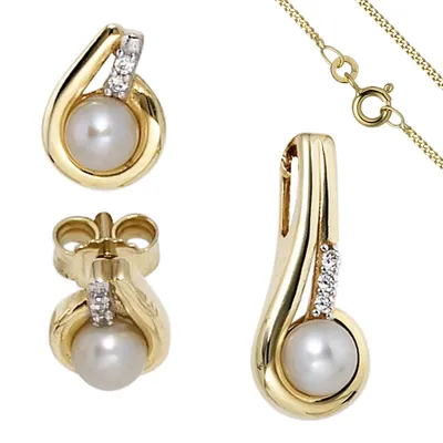 Produktbild von JOBO Schmuck-Set 333 Gold Gelbgold Perlen Zirkonia Ohrringe und Kette 45 cm