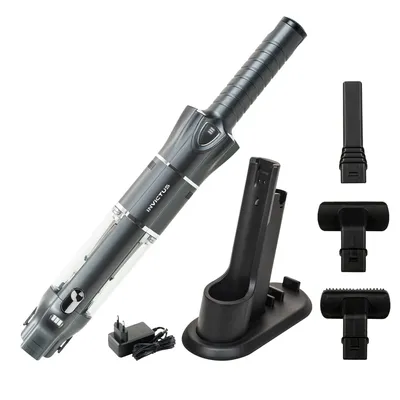 A cordless handheld vacuum cleaner and its accessories are displayed against a white background.