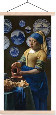 Produktbild von MuchoWow® Textilposter Milchmädchen - Das Mädchen mit dem Perlenohrring - Vermeer 40x80 cm mit holzfarbenen Rahmen - Wohnzimmer