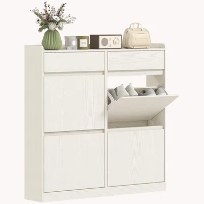 Produktbild von Schuhschrank fš¹r 8 Paar Schuhe mit 2 Auszugsschubladen und 4 Klappschubladen, 98 x 19,2 x 95,3 cm, wei?