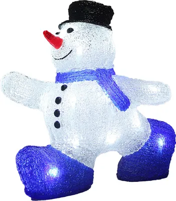 A lit-up acrylic snowman decoration with a black hat, red nose, blue scarf, and blue boots.