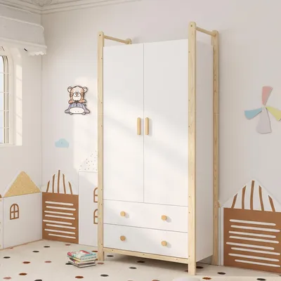 Zdjęcie produktu dla Szafa dwudrzwiowa, szafa z drążkiem na ubrania, 2 szuflady, idealna do sypialni, salonu lub jako garderoba w przedpokoju, wymiary: 90 x 45 x 180 cm