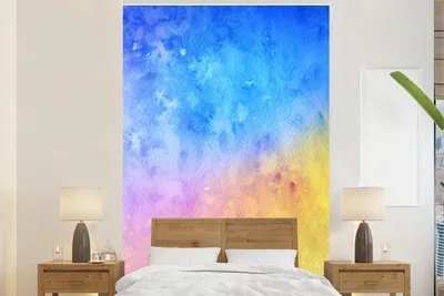 Produktbild von MuchoWow® Fototapete für Wohnzimmer oder Schlafzimmer Wandtapete Vinyl Motivtapete Aquarell - Blau - Gelb - Orange - 195x300 cm - Das Hintergrundbild