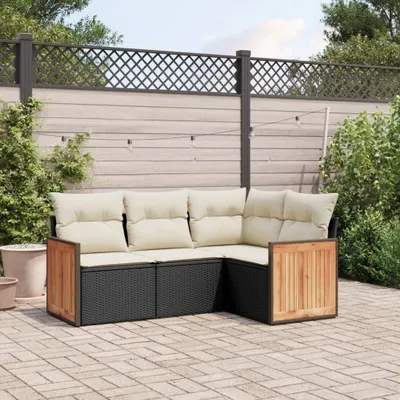 Produktbild von Design 4-tlg. Garten-Sofagarnitur mit Kissen Schwarz Poly Rattan, Gartenmöbel-Sets 2024 Neu