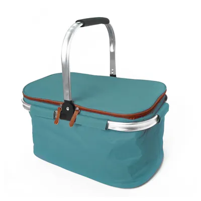 A turquoise picnic cooler basket with a silver handle and brown leather accents, shown against a white background.