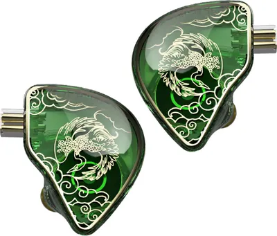 A pair of green in-ear headphones with a gold phoenix design.