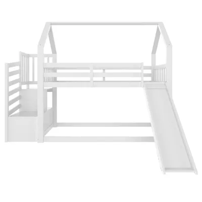 Produktbild von Flieks Etagenbett 90x200cm, Hochbett mit Treppe, Kinderbett mit Rutsche und Treppe, Hausbett mit Lattenrost, Massivholzbett Stockbett für Kinder, Weiß