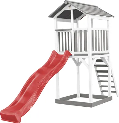 Produktbild von AXI Beach Tower Spielturm aus Holz in Weiß & Grau | Spielhaus für Kinder mit roter Rutsche und Sandkasten | Stelzenhaus für den Garten