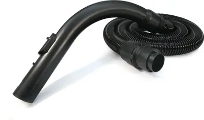 A black vacuum cleaner hose and curved wand with a clip attachment, lying on a white background.