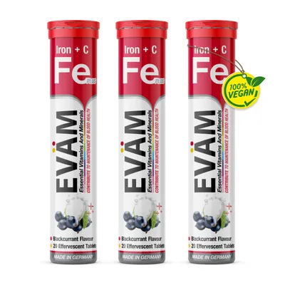 Produktbild von EVÄM Eisen + Vitamin C Brausetabletten, bei Müdigkeit & Ermüdung, Vegan, Zuckerfrei | schwarze Johannisbeere | 3x 20 Brausetabs Hergestellt in Germany
