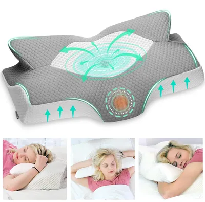 Immagine prodotto di Cuscino ergonomico ortopedico in memory foam per il collo, 64x42 cm, colore grigio