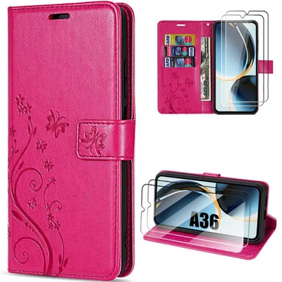 Image de Coque + 2 Verres Trempés pour Samsung Galaxy A36 5G, Protection Anti-Rayures Synthécuir Fuchsia Motif Papillon Fleur