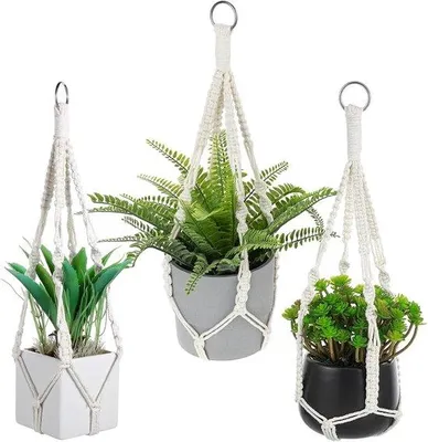 Image de 3 suspensions pour plantes en macramé de coton, pour l'intérieur et l'extérieur