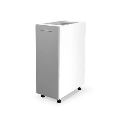 A white and gray kitchen cabinet with a silver handle, shown on a white background.