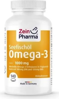 A white bottle of Zein Pharma Seefischöl Omega-3 supplements against a white background.