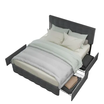 Produktbild von Polsterbett mit Lattenrost und Schubladen, 140x200 cm, Doppelbett, Bezug aus Leinen, höhenverstellbarer Kopfteil