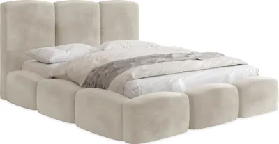 Produktbild von Polsterbett 200x200 mit Bettkasten und Lattenrost – Creme Bett mit hohem Kopfteil, Boucle oder Samt Stoff - Modernes Doppelbett mit Stauraum – Bettgestell, ohne Matratze – Harmony - Beige