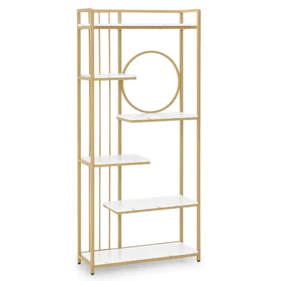 A tall, narrow bookshelf with a gold metal frame and white marble-effect shelves.